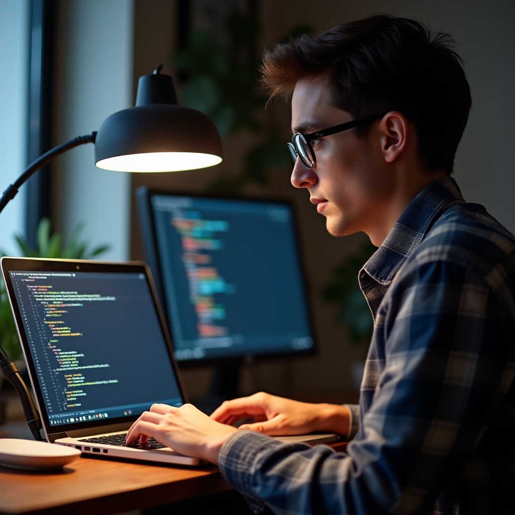 Vývojář soustředěně píše kód JSON-LD schématu na notebooku v kanceláři agentury